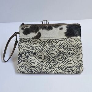 Myra Bag Pouch Tribal Brown, White Wristlet Make Up Bag